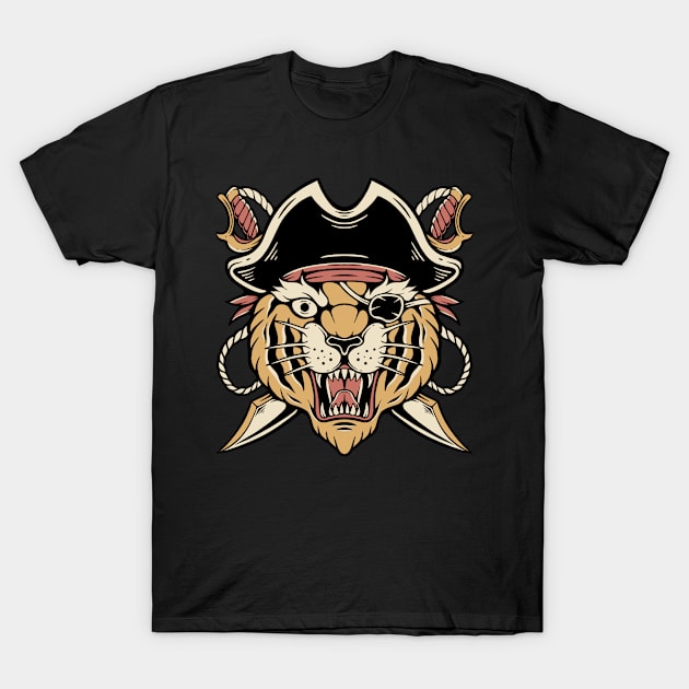 Tiger Pirate Vintage Traditional Tattoo T-Shirt by Afdhal Project